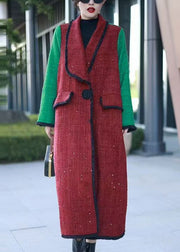 Fashion Red Notched Pockets Patchwork Woolen Long Coats Winter