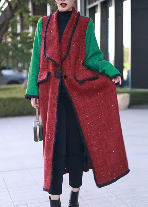 Fashion Red Notched Pockets Patchwork Woolen Long Coats Winter