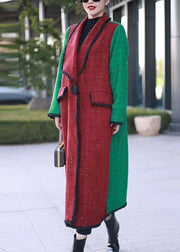 Fashion Red Notched Pockets Patchwork Woolen Long Coats Winter