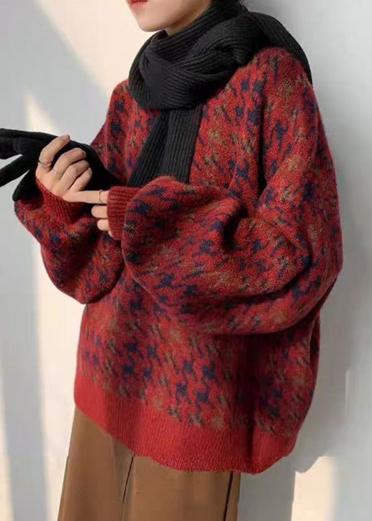 Fashion Red O Neck Print Loose Knit Sweater Spring