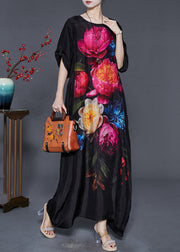 Fashion Red Oversized Floral Silk Maxi Dress Spring