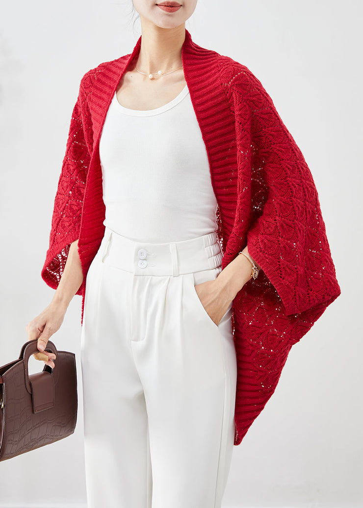 Fashion Red Oversized Hollow Out Knit Cardigan Fall