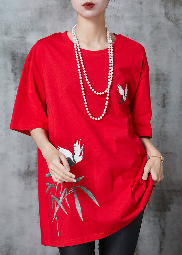 Fashion Red Oversized Red-crowned Crane Print Cotton Tops Summer