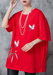 Fashion Red Oversized Red-crowned Crane Print Cotton Tops Summer