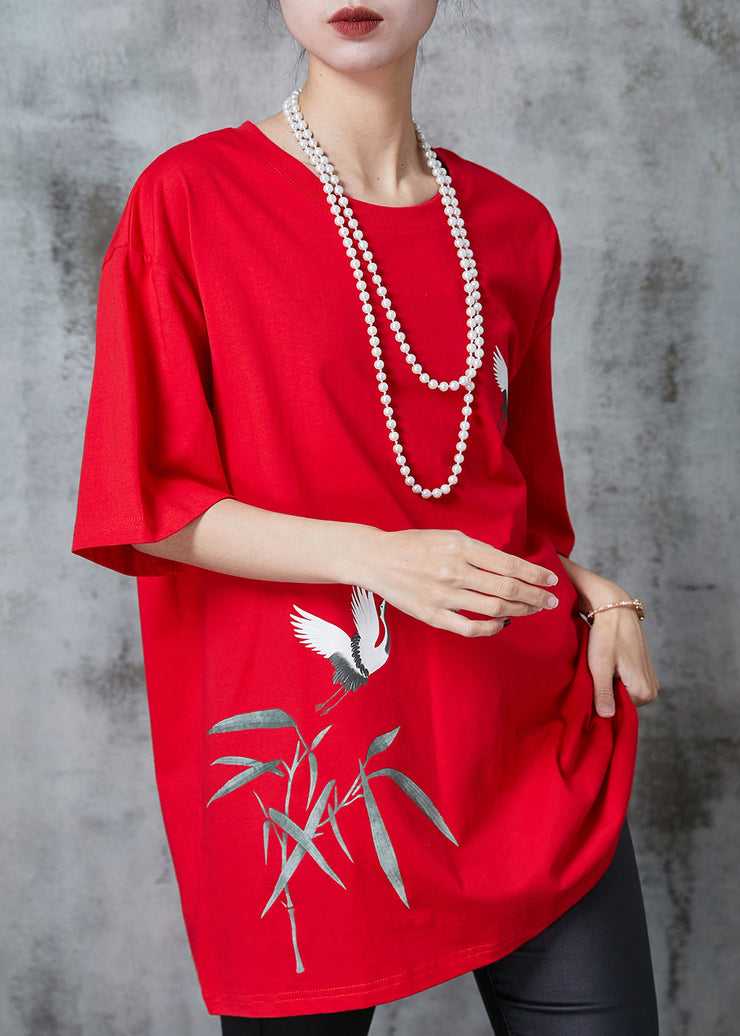 Fashion Red Oversized Red-crowned Crane Print Cotton Tops Summer