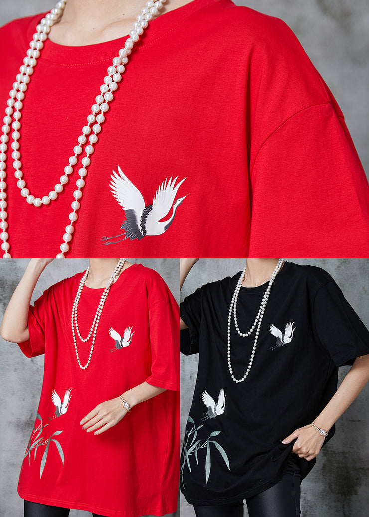 Fashion Red Oversized Red-crowned Crane Print Cotton Tops Summer