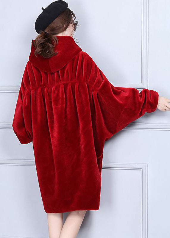 Fashion Red Oversized Wrinkled Cashmere Jackets Batwing Sleeve