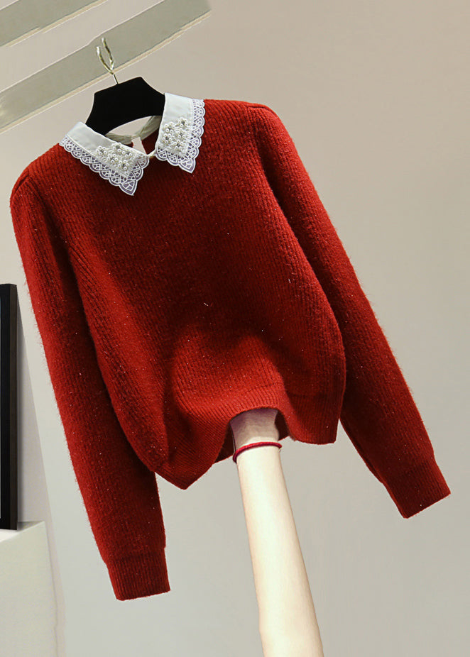 Fashion Red Peter Pan Collar Nail Bead Cotton Knit Sweater Winter