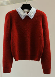 Fashion Red Peter Pan Collar Nail Bead Cotton Knit Sweater Winter