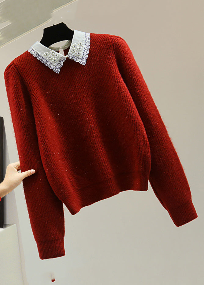 Fashion Red Peter Pan Collar Nail Bead Cotton Knit Sweater Winter