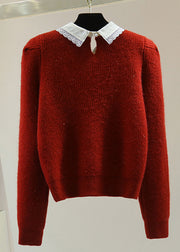 Fashion Red Peter Pan Collar Nail Bead Cotton Knit Sweater Winter