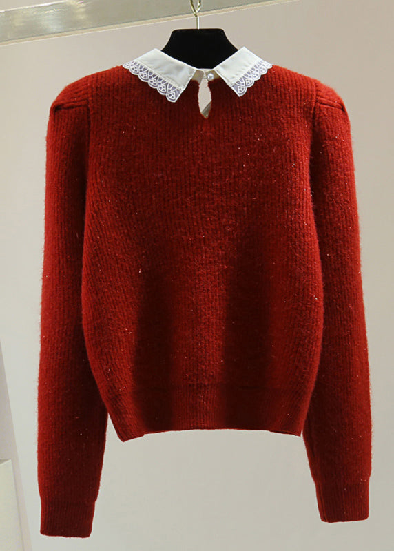 Fashion Red Peter Pan Collar Nail Bead Cotton Knit Sweater Winter