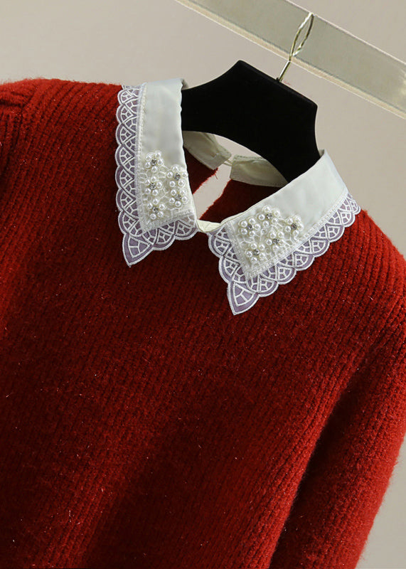 Fashion Red Peter Pan Collar Nail Bead Cotton Knit Sweater Winter