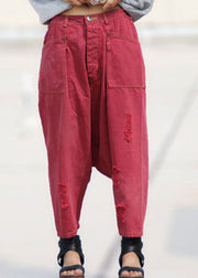 Fashion Red Pockets Patchwork Denim Harem Crop Pants Spring