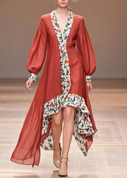 Fashion Red Print Asymmetrical Long Dresses Fall