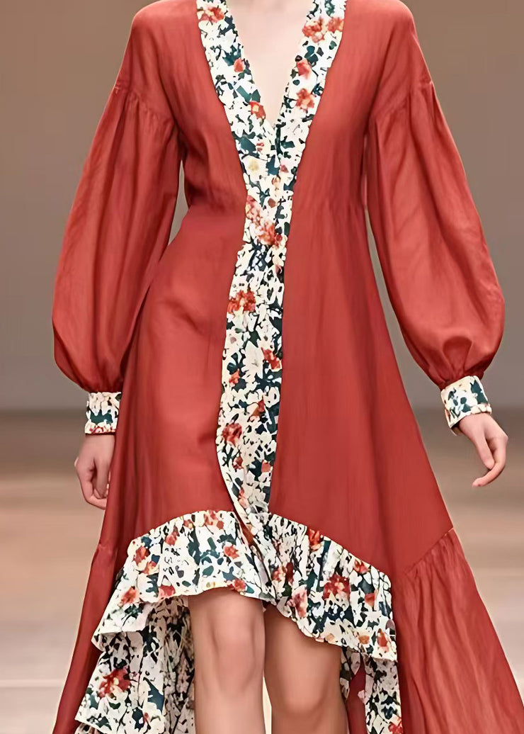 Fashion Red Print Asymmetrical Long Dresses Fall