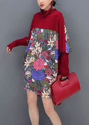 Fashion Red Print Knit Patchwork Tops Long Sleeve