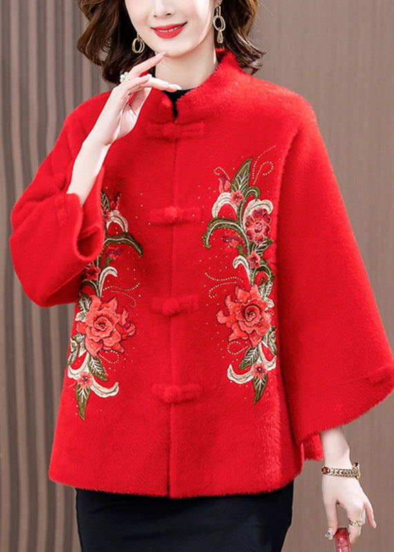 Fashion Red Print Patchwork Mink Velvet Woolen Coat Spring