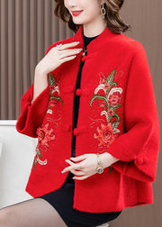 Fashion Red Print Patchwork Mink Velvet Woolen Coat Spring