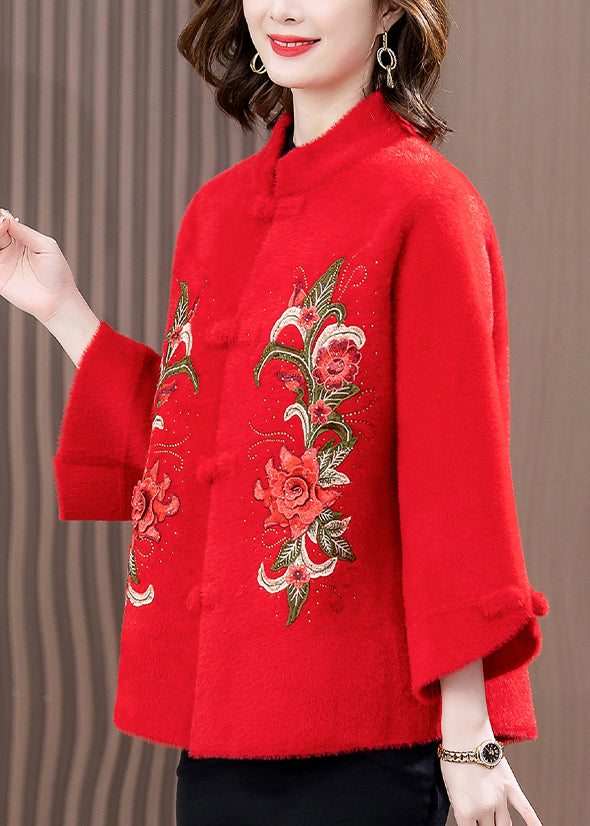 Fashion Red Print Patchwork Mink Velvet Woolen Coat Spring