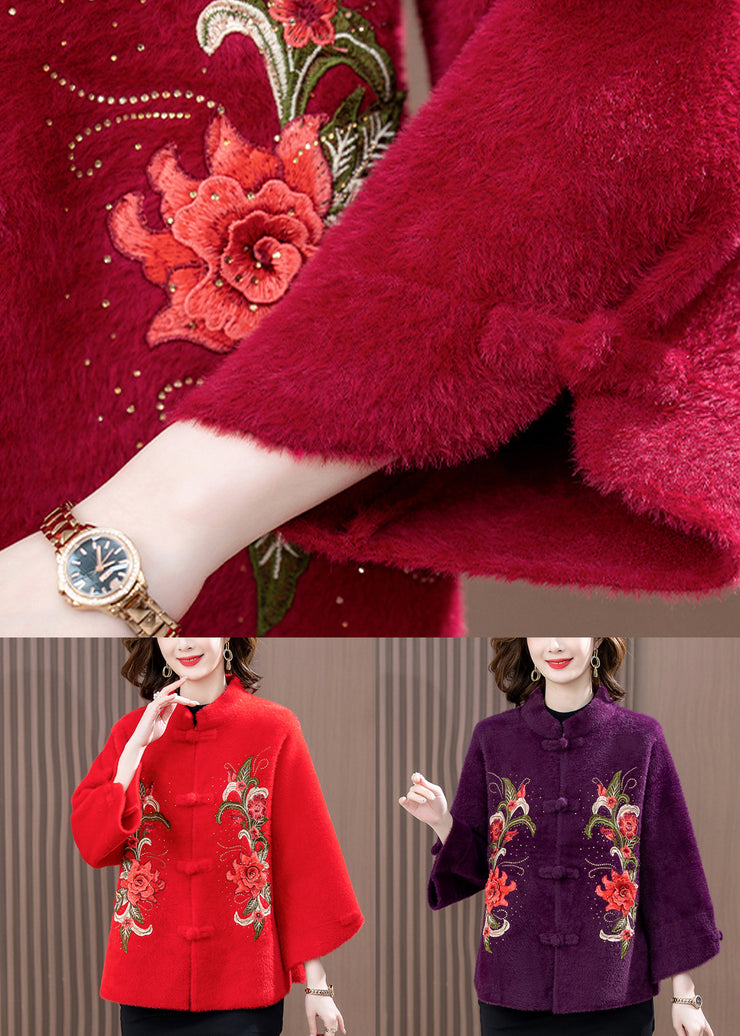 Fashion Red Print Patchwork Mink Velvet Woolen Coat Spring