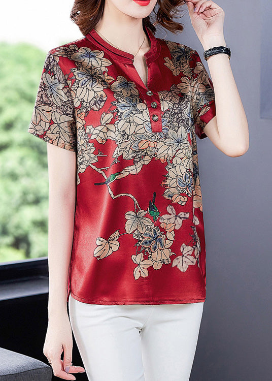 Fashion Red Print Silk Shirt Summer