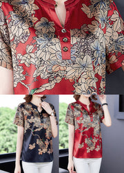 Fashion Red Print Silk Shirt Summer