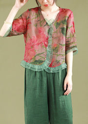 Fashion gray-floral Ruffled Button Patchwork Linen Blouse Top Summer