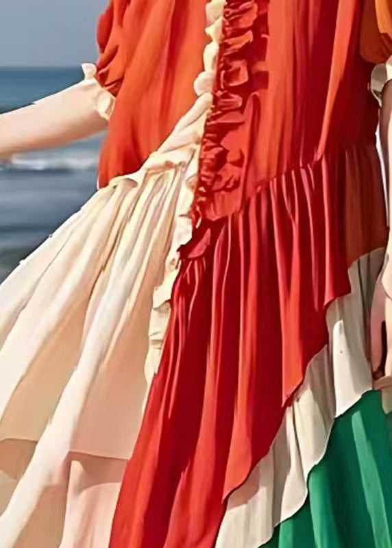 Fashion Red Ruffled Patchwork Exra Large Hem Cotton Party Dress Summer