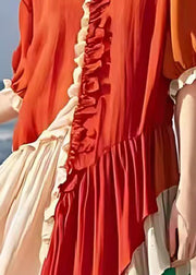 Fashion Red Ruffled Patchwork Exra Large Hem Cotton Party Dress Summer