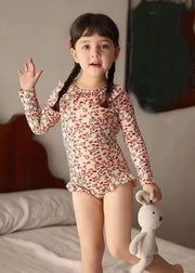 Fashion Red Ruffled Patchwork Print Girls One Piece Swimsuit Long Sleeve