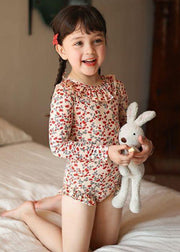 Fashion Red Ruffled Patchwork Print Girls One Piece Swimsuit Long Sleeve
