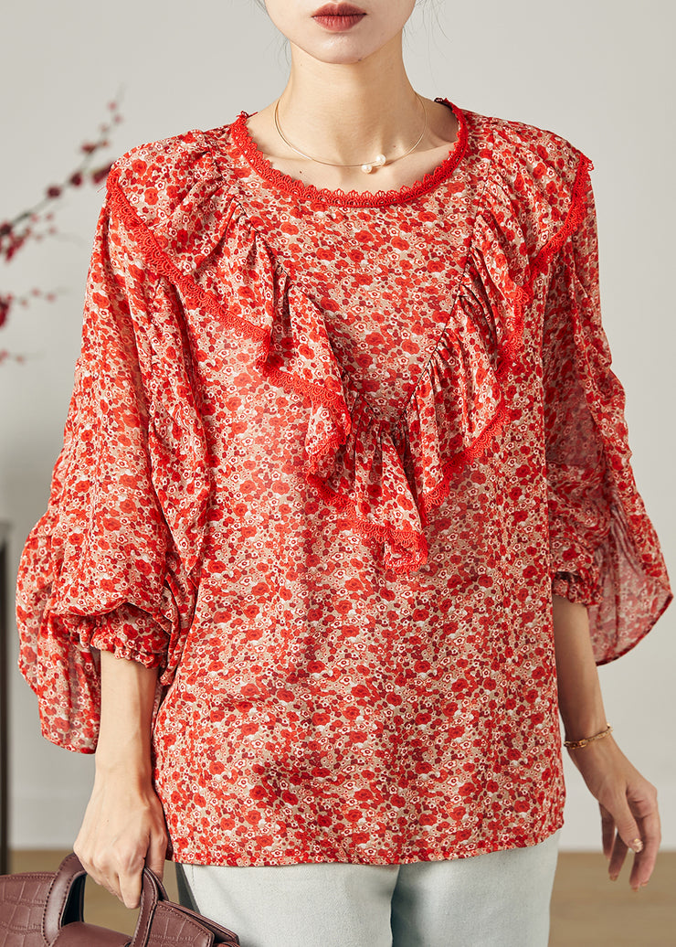 Fashion Red Ruffled Print Chiffon Blouse Top Butterfly Sleeve