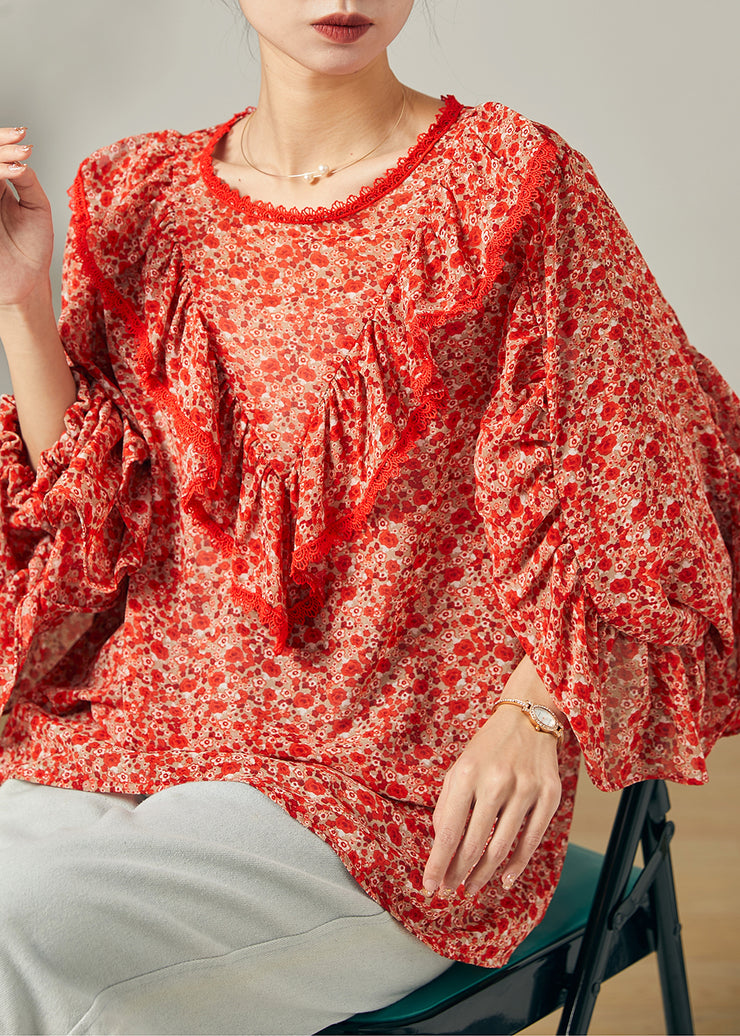 Fashion Red Ruffled Print Chiffon Blouse Top Butterfly Sleeve