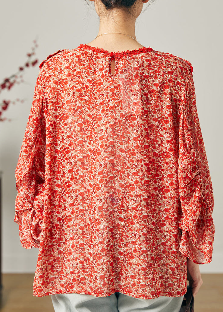 Fashion Red Ruffled Print Chiffon Blouse Top Butterfly Sleeve