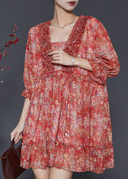 Fashion Red Ruffled Print Chiffon Mini Dress Summer