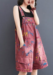 Fashion Red Slash Neck Print Patchwork Denim Jumpsuit Summer