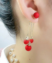 Fashion Red Stering Silver Overgild Pearl Zircon Tassel Drop Earrings