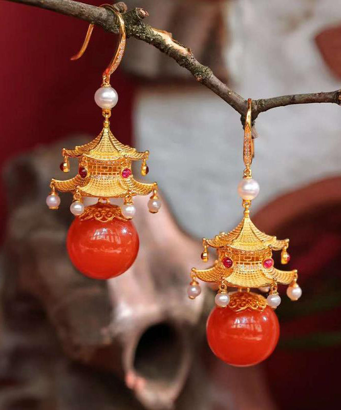 Fashion Red Sterling Silver Overgild Agate Pearl Pavilion Drop Earrings