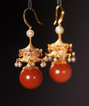 Fashion Red Sterling Silver Overgild Agate Pearl Pavilion Drop Earrings