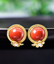 Fashion Red Sterling Silver Overgild Agate Pearl Stud Earrings