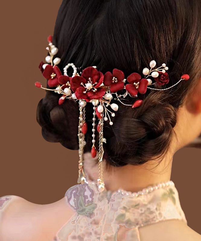 Fashion Red Sterling Silver Overgild Pearl Floral Tassel Hairpin