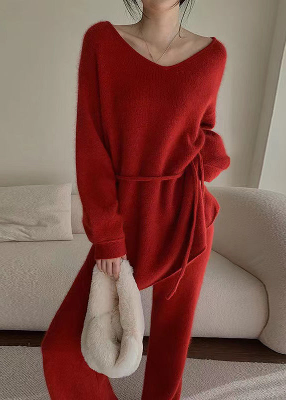 Fashion Red Sweaters And Pants Knit 2 Piece Outfit Spring