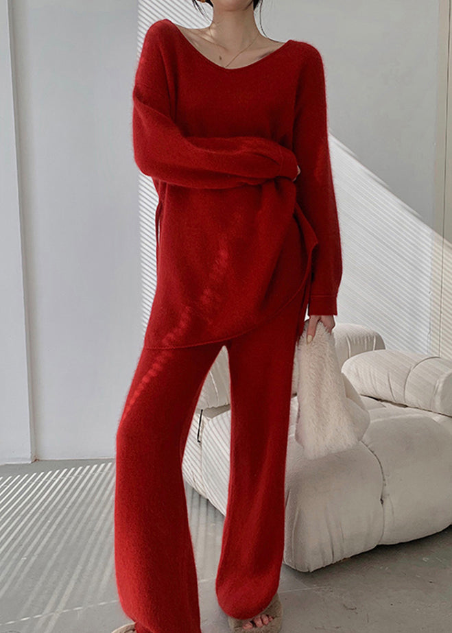 Fashion Red Sweaters And Pants Knit 2 Piece Outfit Spring