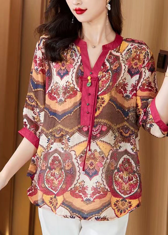 Fashion Red Tasseled Print Cotton Blouse Tops Half Sleeve