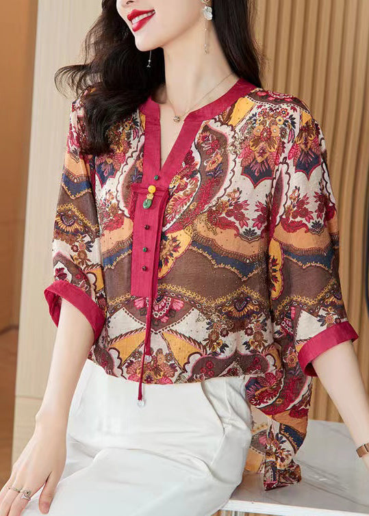 Fashion Red Tasseled Print Cotton Blouse Tops Half Sleeve