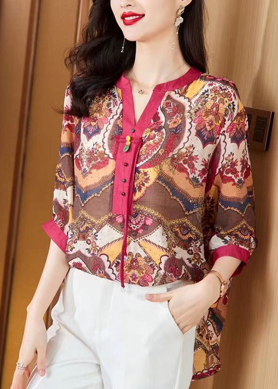 Fashion Red Tasseled Print Cotton Blouse Tops Half Sleeve