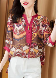 Fashion Red Tasseled Print Cotton Blouse Tops Half Sleeve