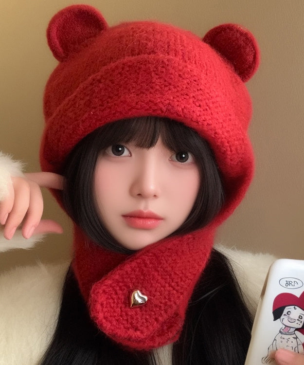 Fashion Red Thick Knit Ear Protection Warm Bonnie Hat