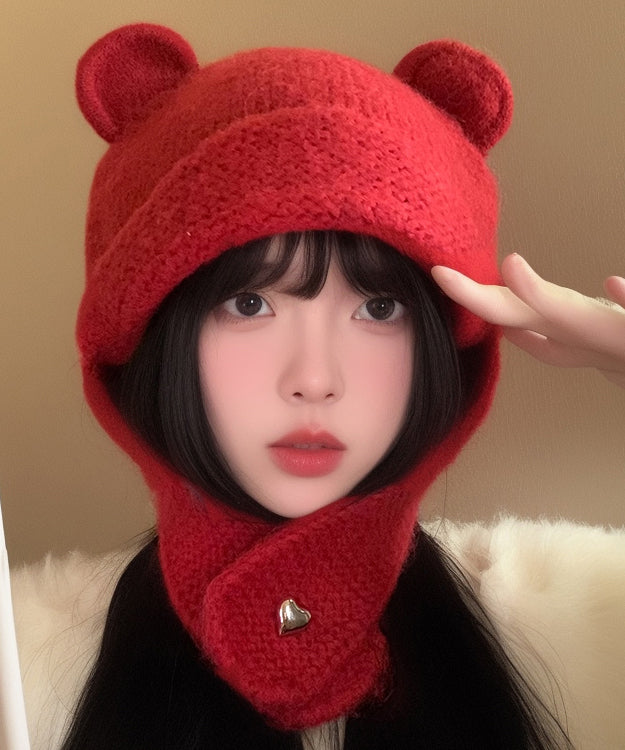 Fashion Red Thick Knit Ear Protection Warm Bonnie Hat